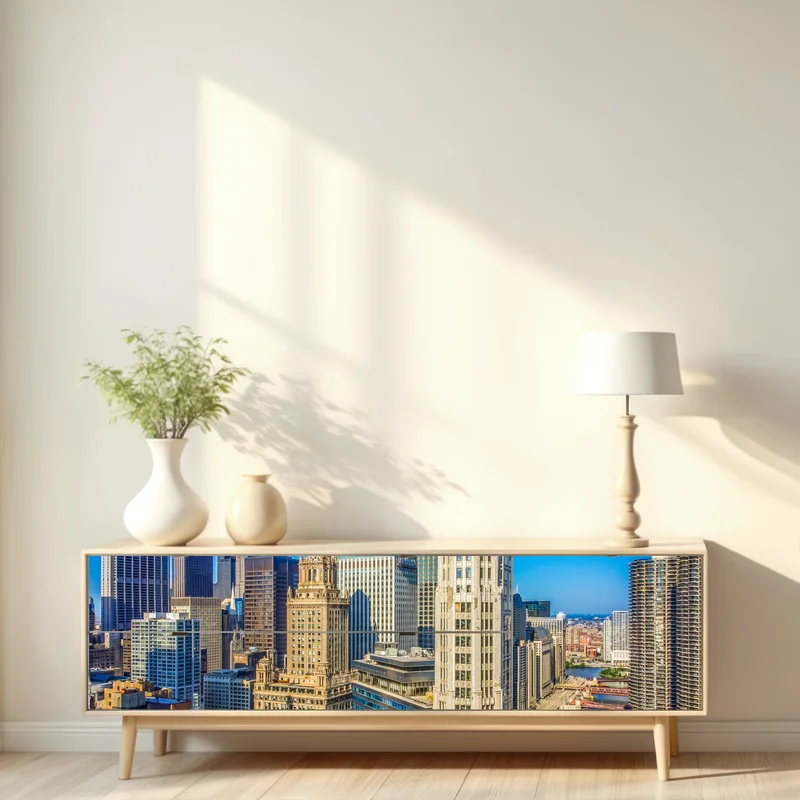 Repositionierbarer Aufkleber Chicago skyline über dem fluss