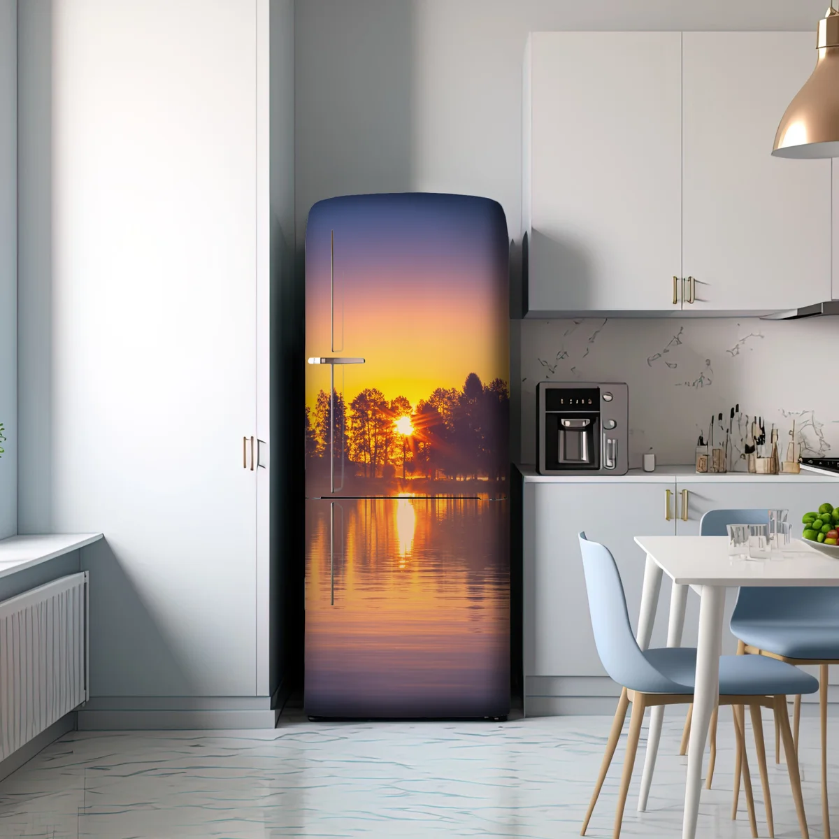 Kühlschrankaufkleber nebliger sonnuntergang am see Kühlschrankaufkleber nebliger sonnuntergang am see