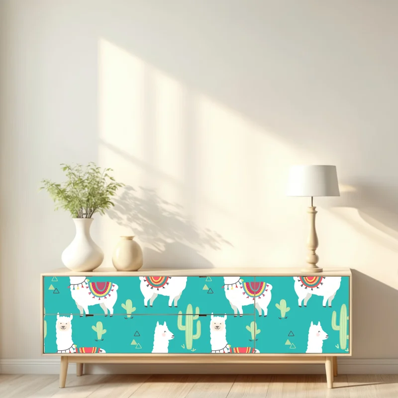 Repositionierbarer Aufkleber fröhliches lama-muster auf türkisfarbenem hintergrund Repositionierbarer Aufkleber fröhliches lama-muster auf türkisfarbenem hintergrund