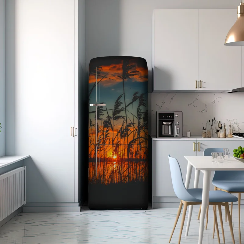 Kühlschrankaufkleber sonnenuntergang am see mit schilf-silhouette Kühlschrankaufkleber sonnenuntergang am see mit schilf-silhouette