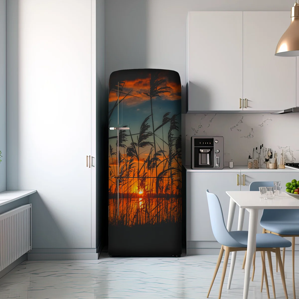 Kühlschrankaufkleber sonnenuntergang am see mit schilf-silhouette Kühlschrankaufkleber sonnenuntergang am see mit schilf-silhouette