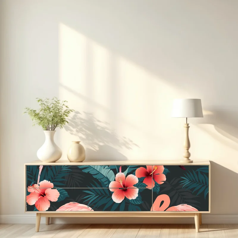 Repositionierbarer Aufkleber tropisches muster mit rosa flamingos