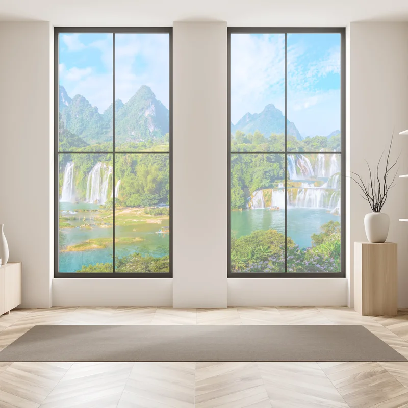 Fensteraufkleber üppige panoramaansicht eines wasserfalls mit karstbergen