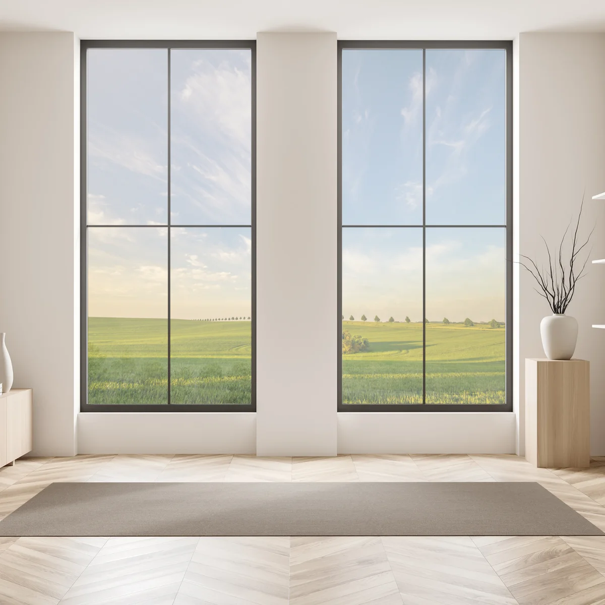 Fensteraufkleber grüne wiese mit einer reihe junger bäume Fensteraufkleber grüne wiese mit einer reihe junger bäume