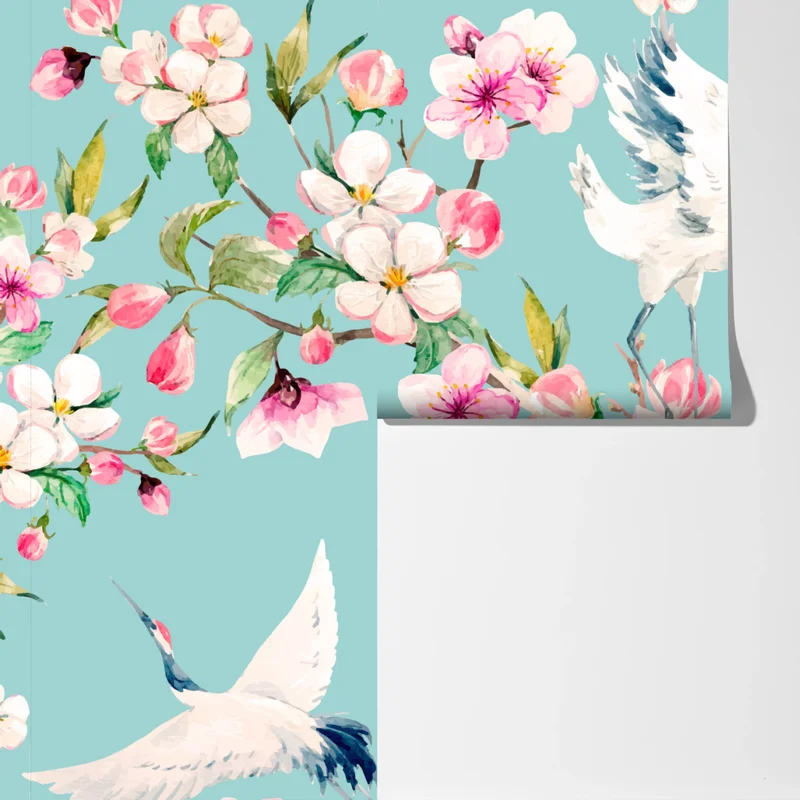 Fototapete türkises kirschblüten- und kranichmuster Fototapete türkises kirschblüten- und kranichmuster