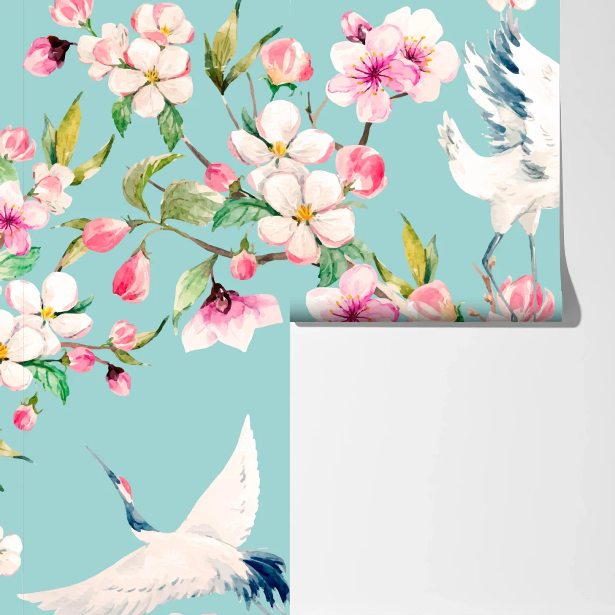 Fototapete türkises kirschblüten- und kranichmuster Fototapete türkises kirschblüten- und kranichmuster
