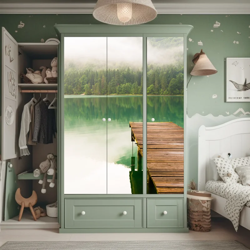 Schrankaufkleber nebliger see mit hölzernem steg