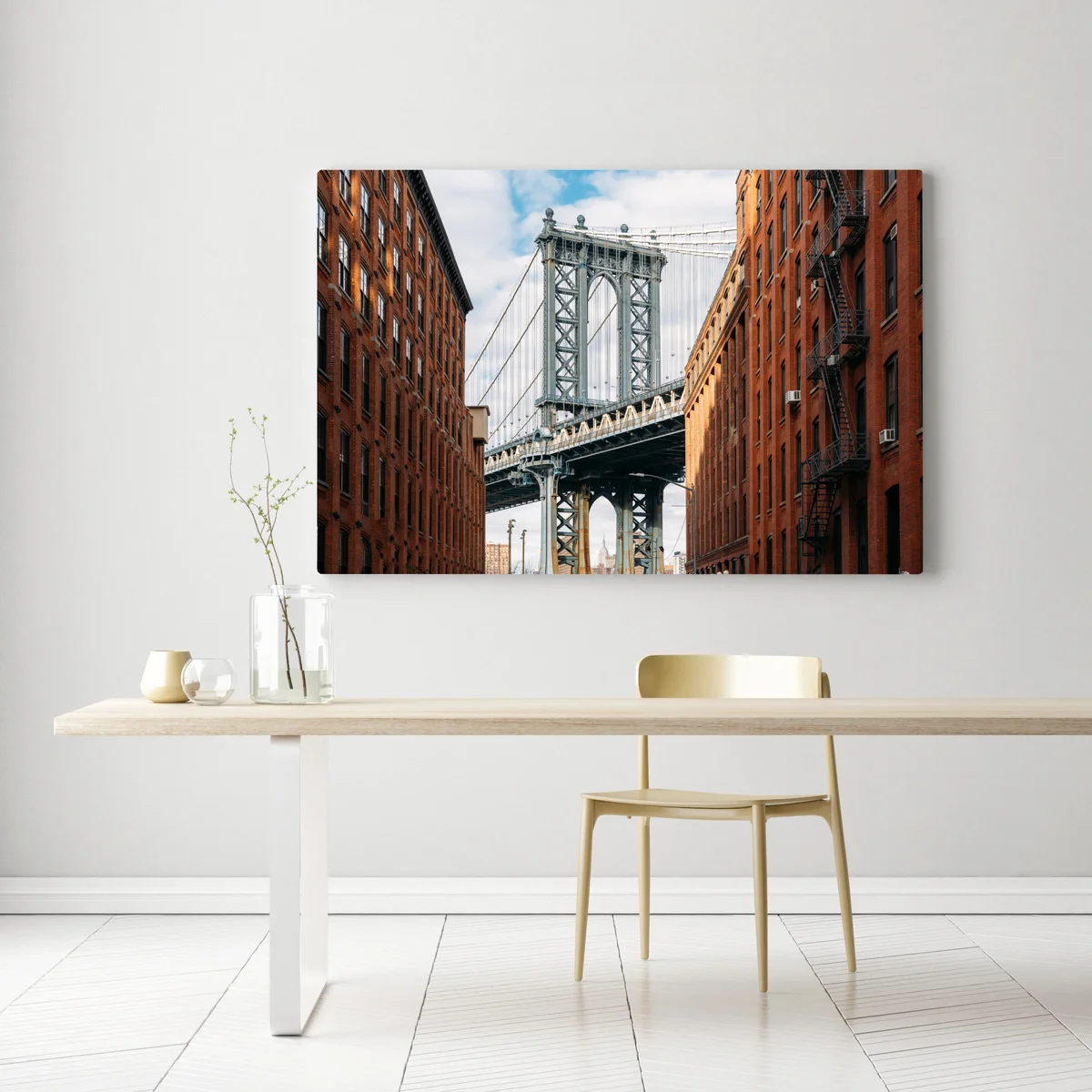 Leinwandbild Brooklyn brücke eingerahmt von backsteingebäuden Leinwandbild Brooklyn brücke eingerahmt von backsteingebäuden