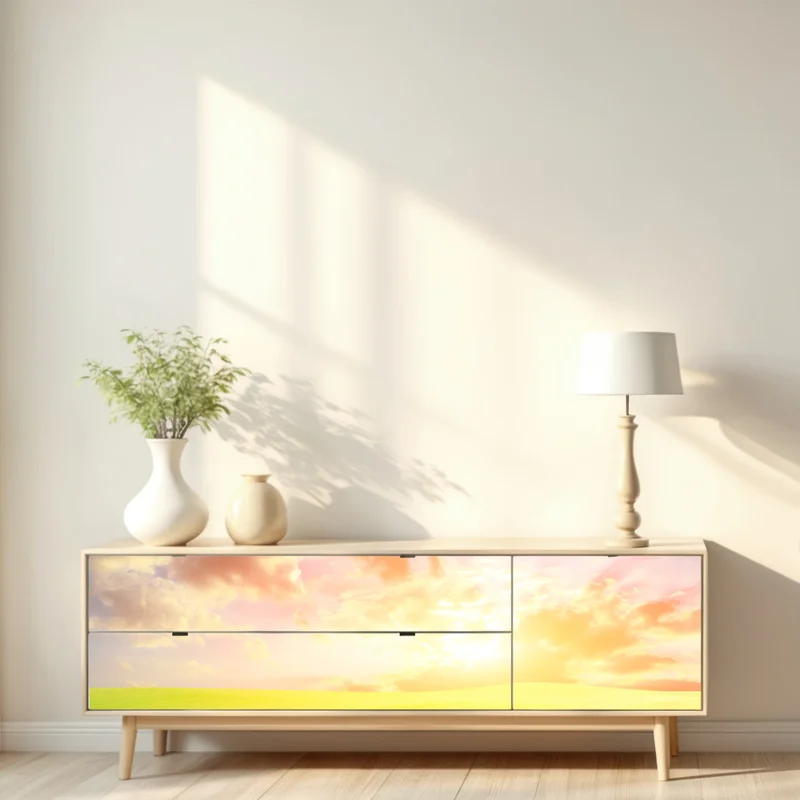 Repositionierbarer Aufkleber sonnenbeschienene wiese bei sonnenuntergang