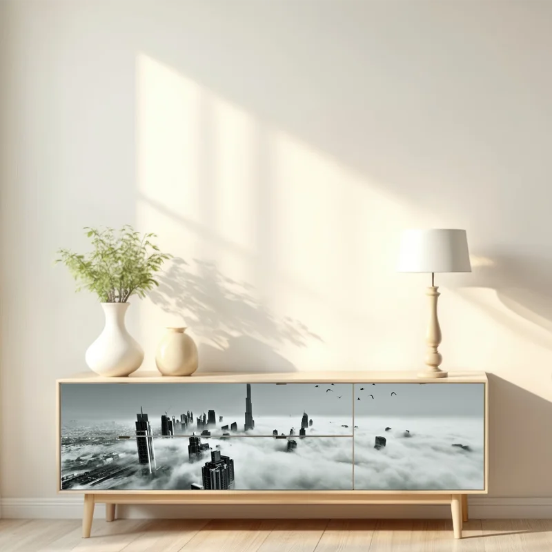 Repositionierbarer Aufkleber neblige skyline von Dubai über den wolken