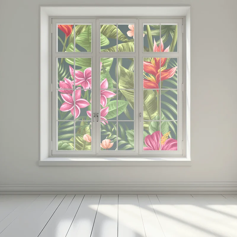 Naklejka na okno tropikalny wzór hibiskusa i plumerii