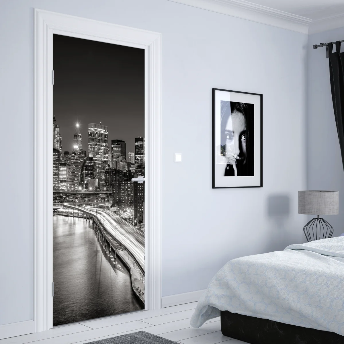 Türaufkleber monochrome stadtsilhouette bei nacht Türaufkleber monochrome stadtsilhouette bei nacht