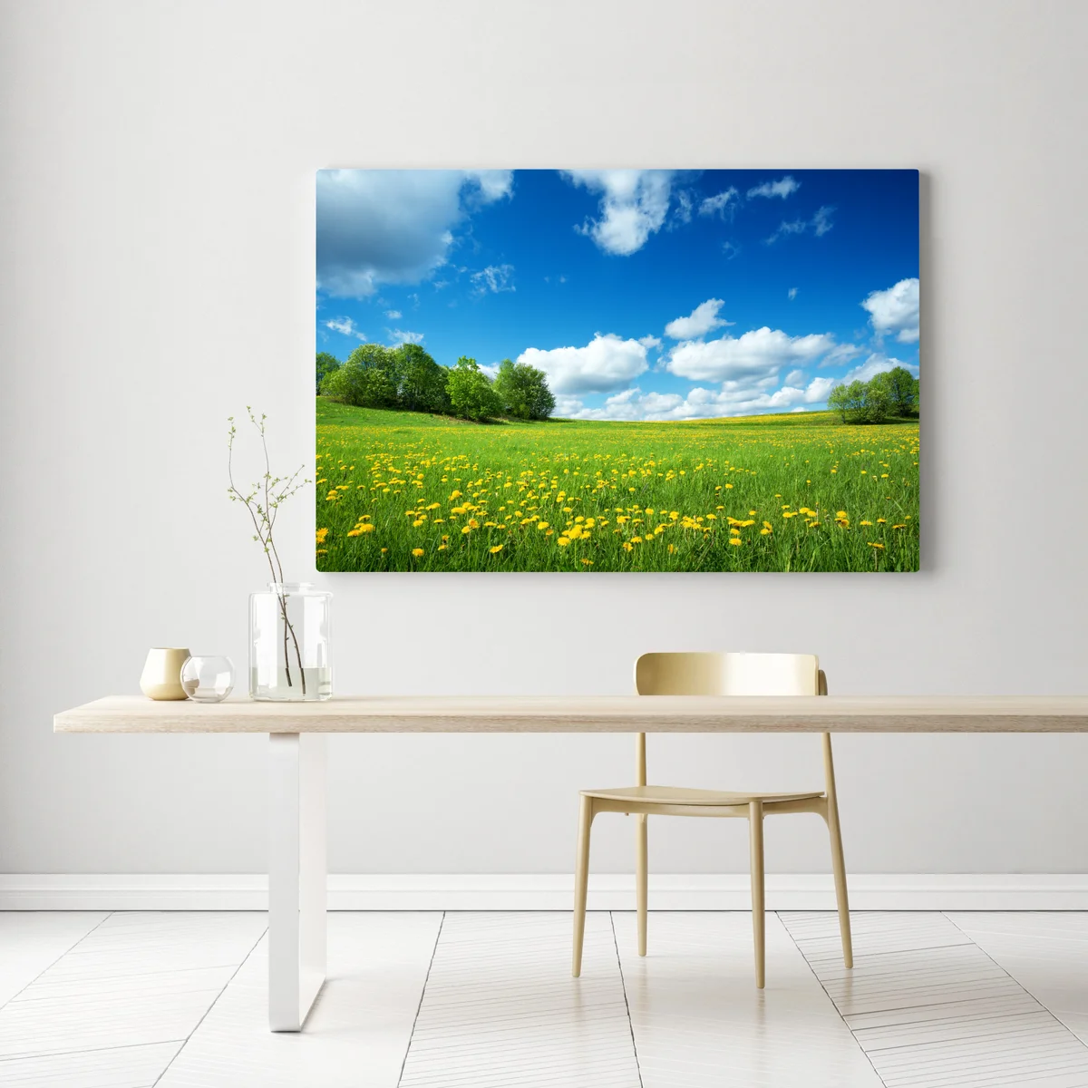 Leinwandbild sonnige wiese mit löwenzahn und blauem himmel Leinwandbild sonnige wiese mit löwenzahn und blauem himmel