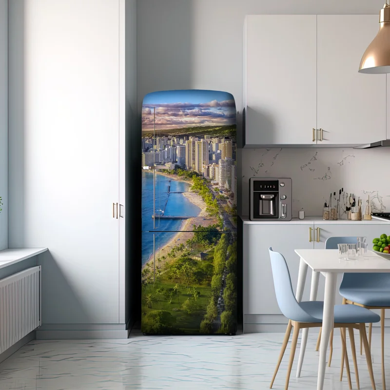 Kühlschrankaufkleber skyline einer küstenstadt bei sonnenuntergang