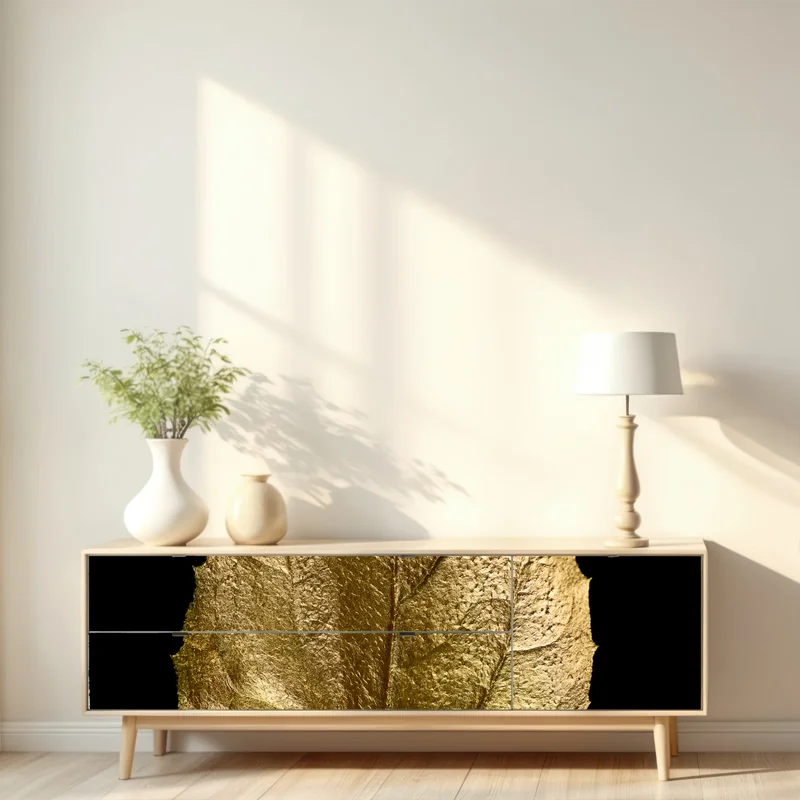 Repositionierbarer Aufkleber goldenes blatt auf schwarzem hintergrund