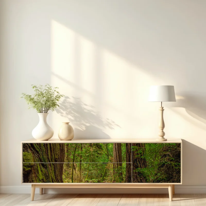 Repositionierbarer Aufkleber majestätischer waldpfad zwischen mammutbäumen