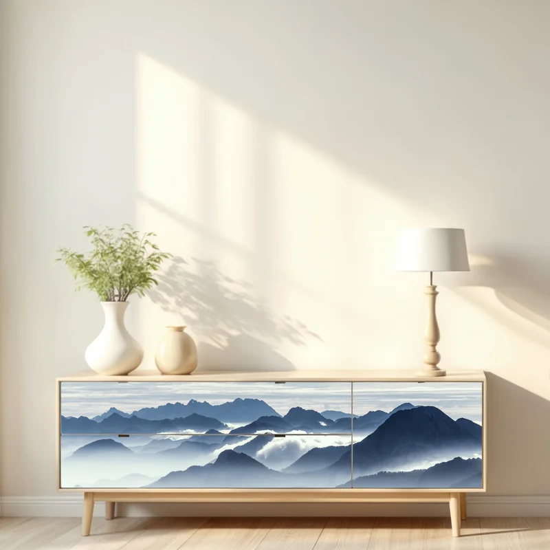 Repositionierbarer Aufkleber neblige bergschichten im morgenlicht