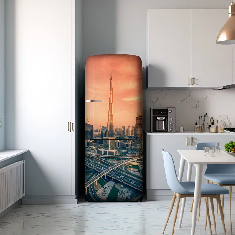 Kühlschrankaufkleber Dubai skyline bei sonnenuntergang