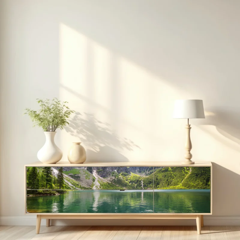 Repositionierbarer Aufkleber ruhiger smaragdgrüner bergsee vor schroffen gipfeln Repositionierbarer Aufkleber ruhiger smaragdgrüner bergsee vor schroffen gipfeln