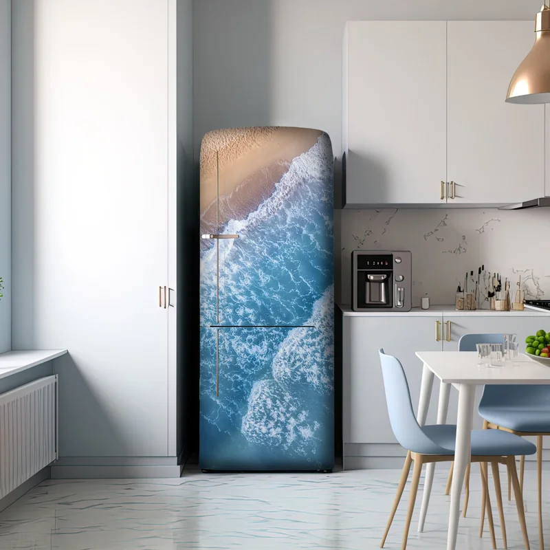 Kühlschrankaufkleber luftaufnahme türkiser wellen an sandigem strand