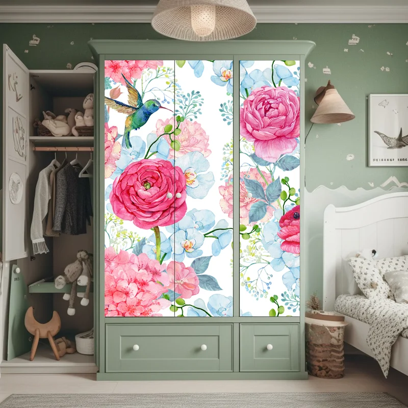 Schrankaufkleber rosa aquarell blumengarten mit kolibri