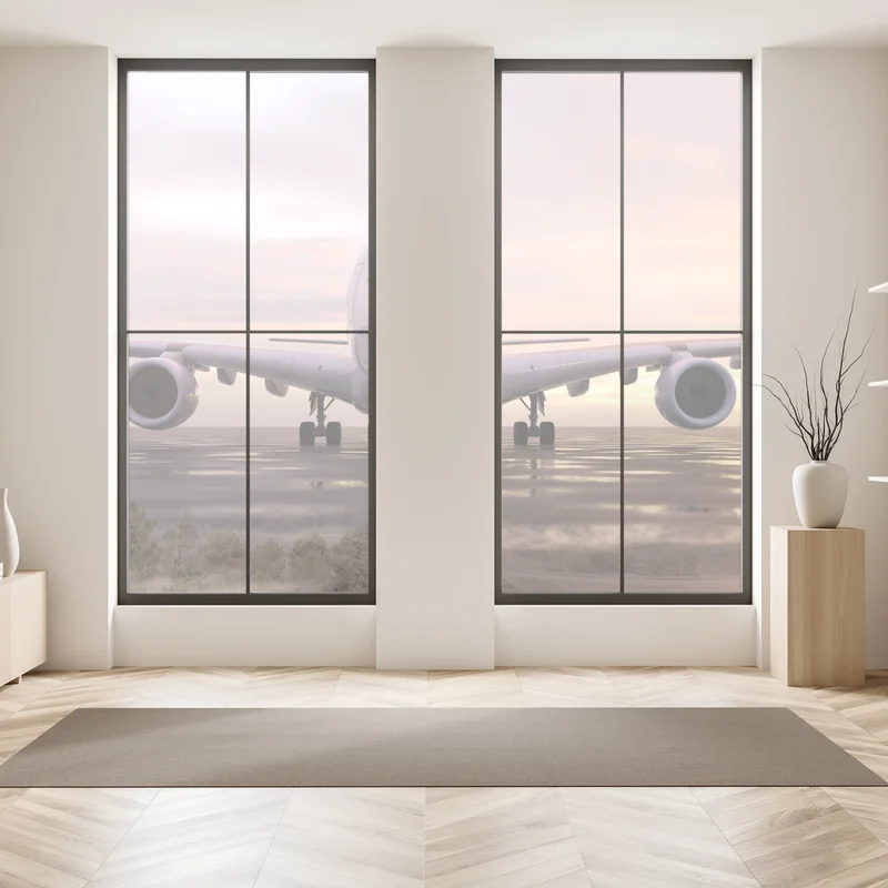 Fensteraufkleber jet auf der startbahn bei sonnenuntergang