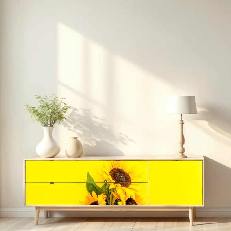 Repositionierbarer Aufkleber leuchtender sonnenblumenstrauß auf gelbem hintergrund Repositionierbarer Aufkleber leuchtender sonnenblumenstrauß auf gelbem hintergrund