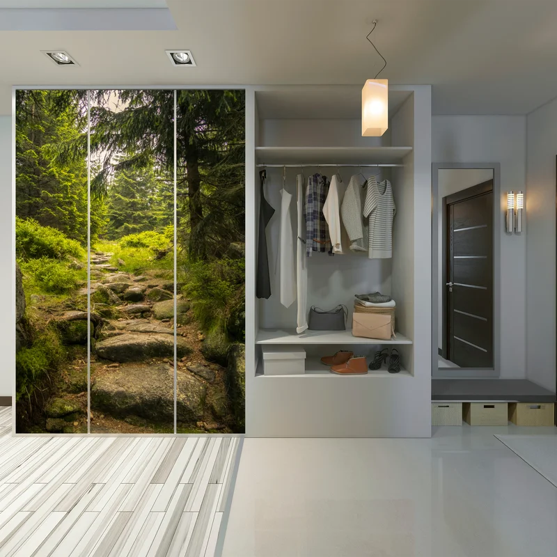 Schrankaufkleber ruhiger waldweg durch nadelwald Schrankaufkleber ruhiger waldweg durch nadelwald