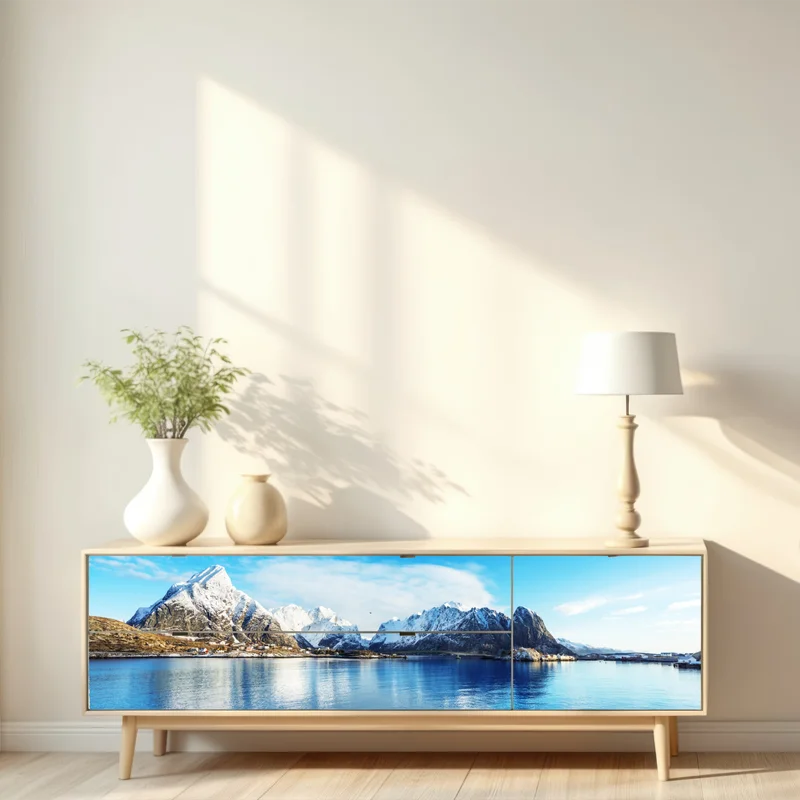 Repositionierbarer Aufkleber ruhige winterliche fjordlandschaft in Reine, Lofoten