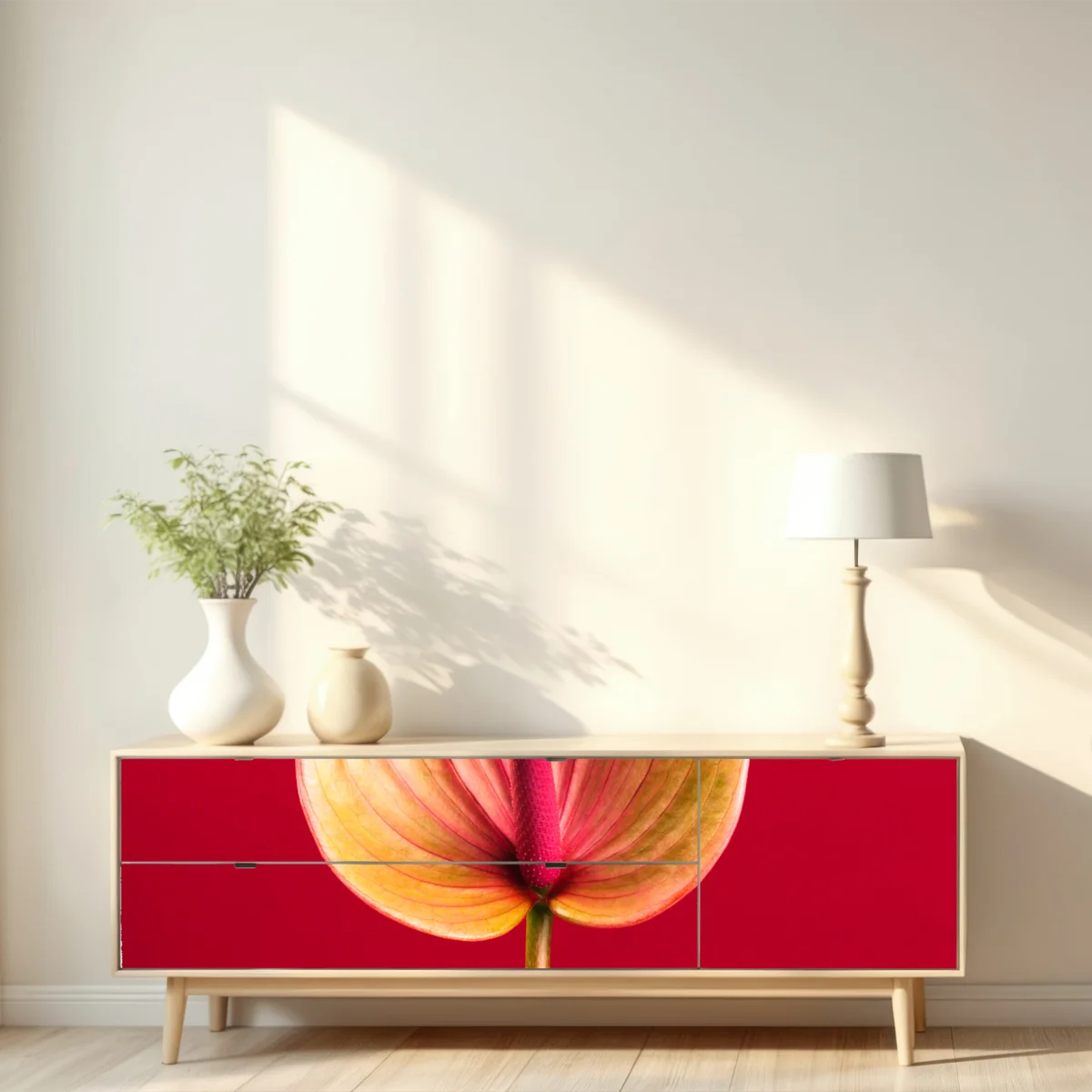 Repositionierbarer Aufkleber elegantes anthurium vor rotem hintergrund Repositionierbarer Aufkleber elegantes anthurium vor rotem hintergrund