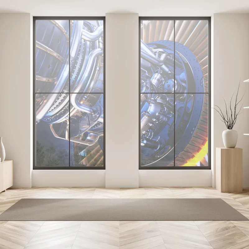 Fensteraufkleber nahaufnahme einer turbinenanlage in blau und orange