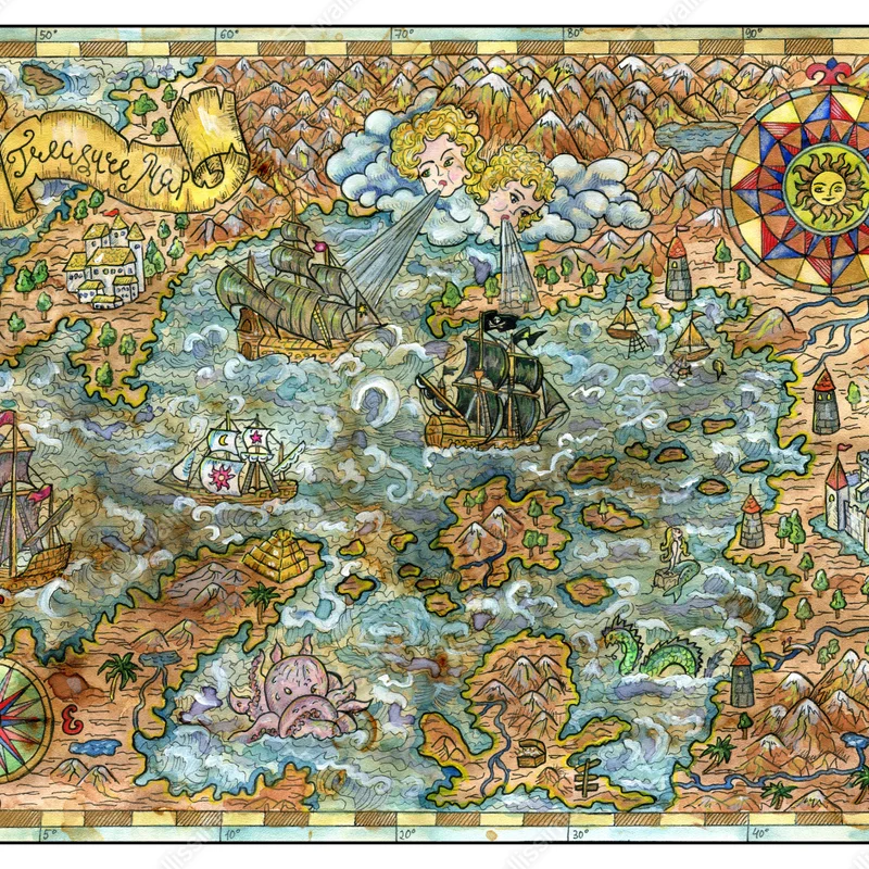 Fototapeta bajkowa mapa skarbów w technice akwareli Fototapeta bajkowa mapa skarbów w technice akwareli