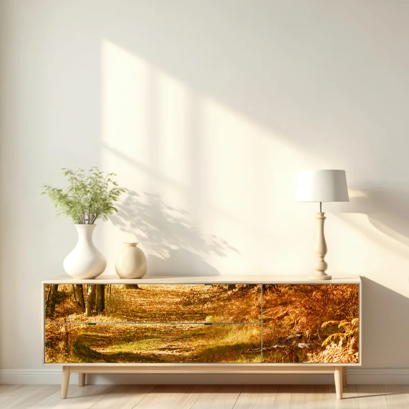 Repositionierbarer Aufkleber herbstlicher waldweg mit goldenem licht