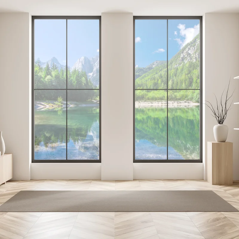 Fensteraufkleber alpiner see mit spiegelung in grünen bergen