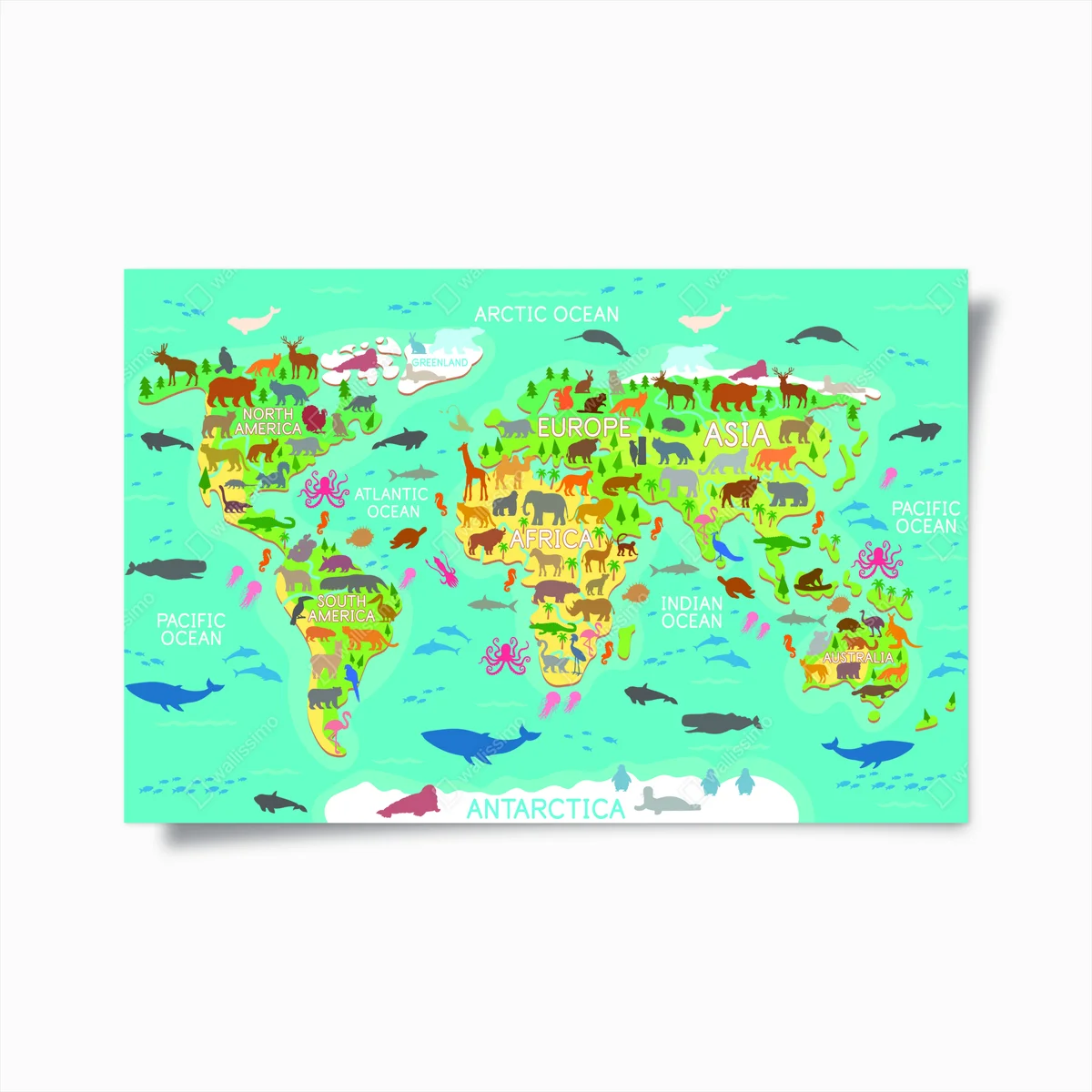 Poster bunte weltkarte mit tieren • Poster bei Wallnifity® Poster bunte weltkarte mit tieren • Poster bei Wallnifity®