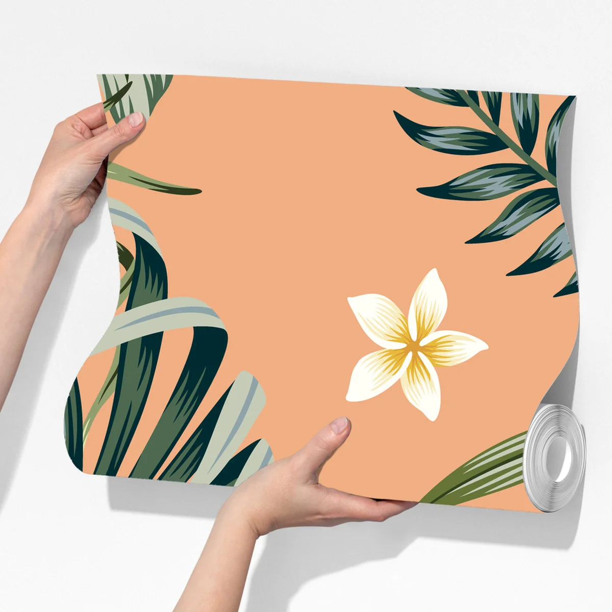 Fototapeta tropikalny wzór z hibiskusem na brzoskwiniowym tle Fototapeta tropikalny wzór z hibiskusem na brzoskwiniowym tle