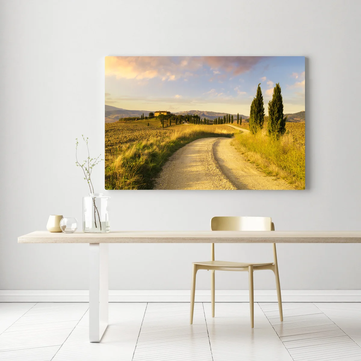 Leinwandbild goldene landstraße zwischen zypressen Leinwandbild goldene landstraße zwischen zypressen