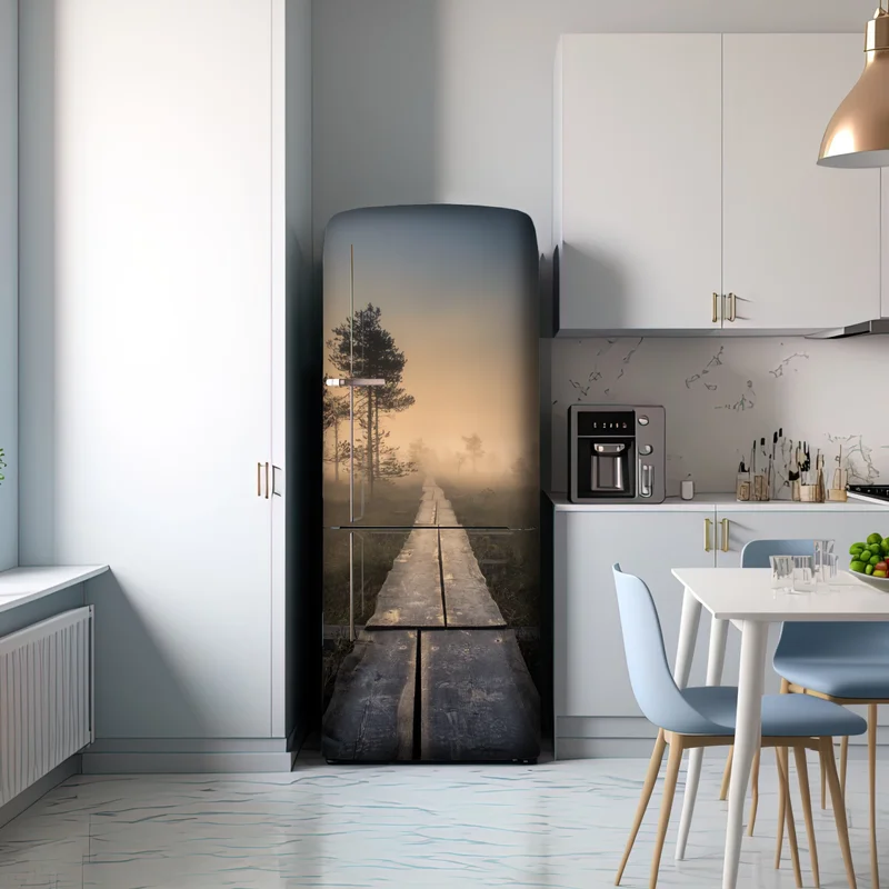 Kühlschrankaufkleber nebliger sonnenaufgang über dem holzsteg Kühlschrankaufkleber nebliger sonnenaufgang über dem holzsteg