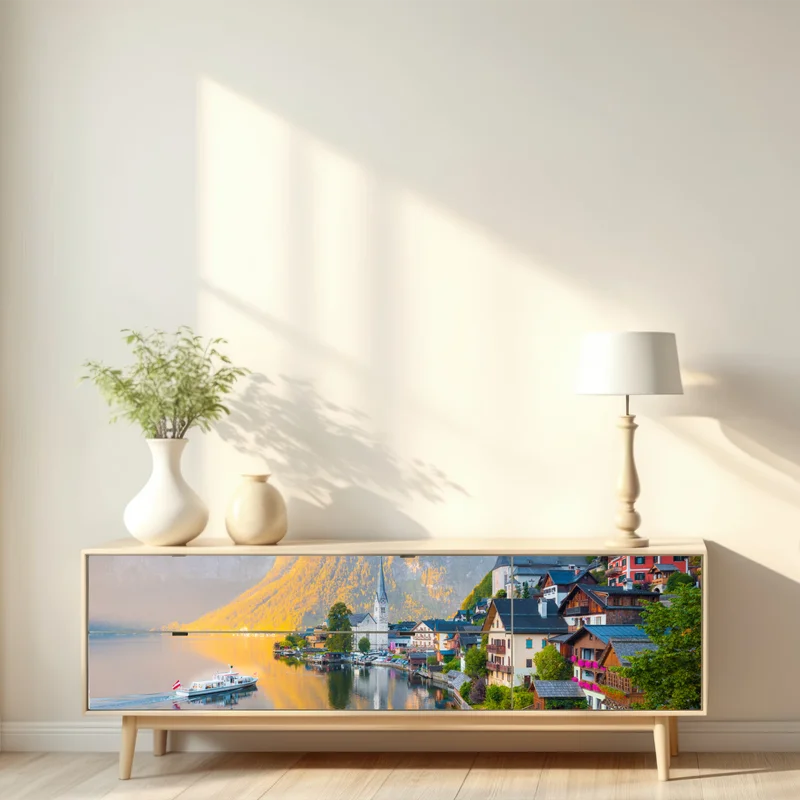 Repositionierbarer Aufkleber morgendlicher lichtglanz über Hallstatt am see