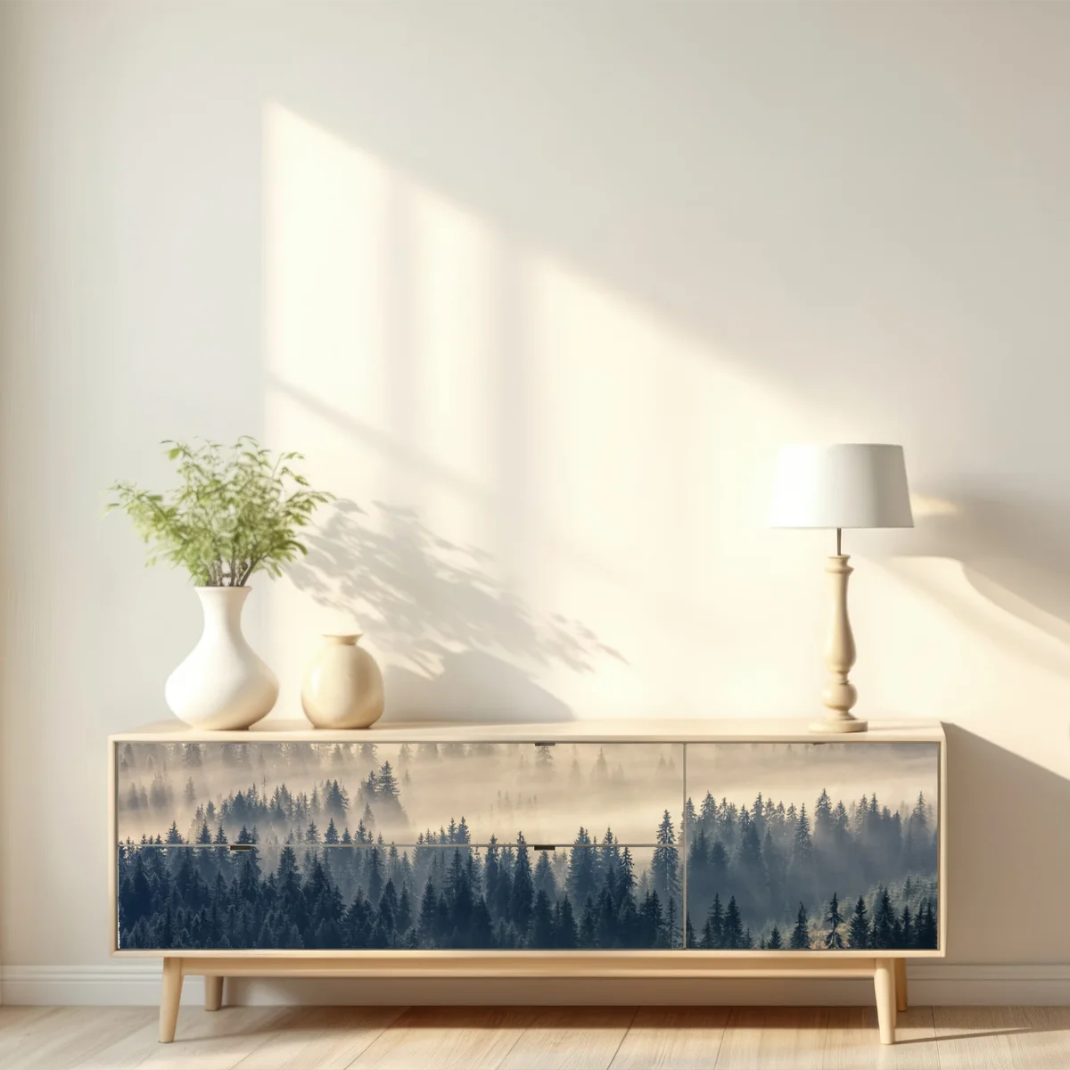 Repositionierbarer Aufkleber nebliges fichtental im dämmerlicht Repositionierbarer Aufkleber nebliges fichtental im dämmerlicht