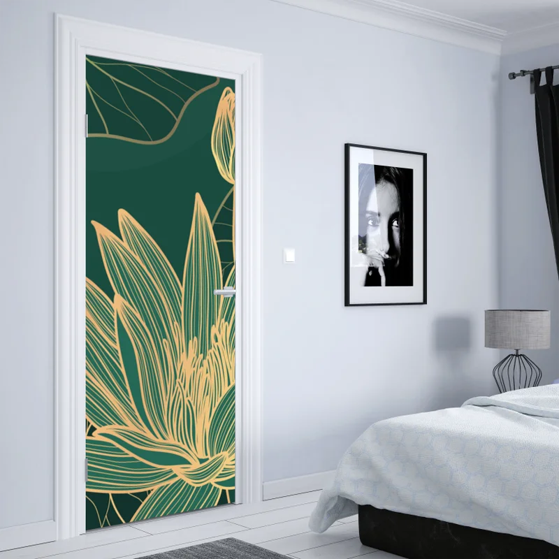 Türaufkleber goldene lotosblüten auf grünem hintergrund
