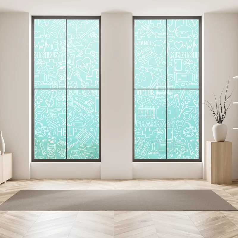 Fensteraufkleber türkises nahtloses muster mit medizinischen icons