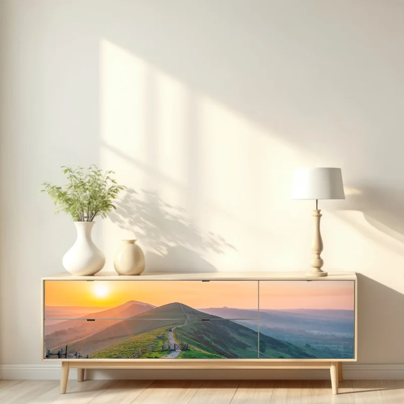 Repositionierbarer Aufkleber sonnenaufgang über grünen hügeln mit steinweg