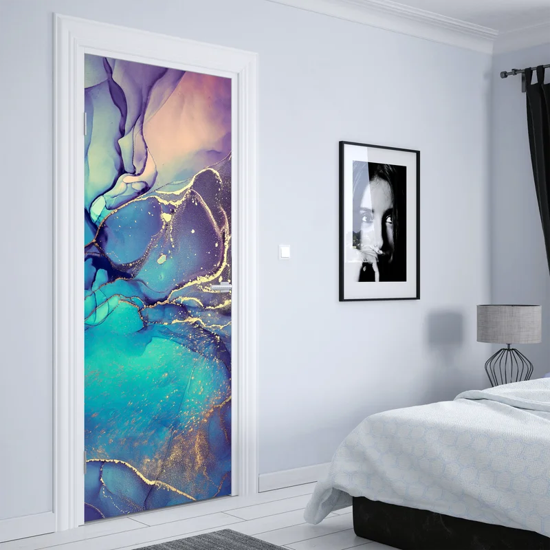 Türaufkleber türkis und gold fließende marmorabstraktion Türaufkleber türkis und gold fließende marmorabstraktion