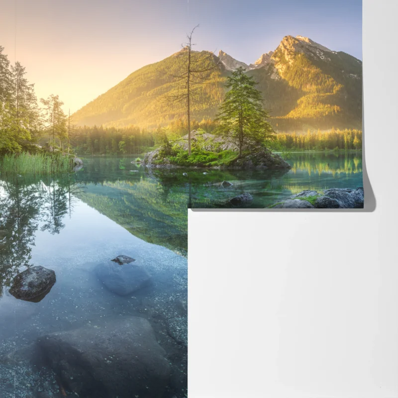 Fototapete alpensee bei sonnenaufgang mit spiegelnder reflexion Fototapete alpensee bei sonnenaufgang mit spiegelnder reflexion