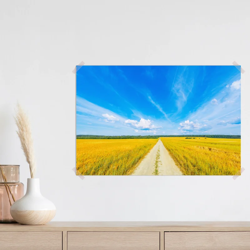 Poster goldene wiese unter weitem blauem himmel Poster goldene wiese unter weitem blauem himmel