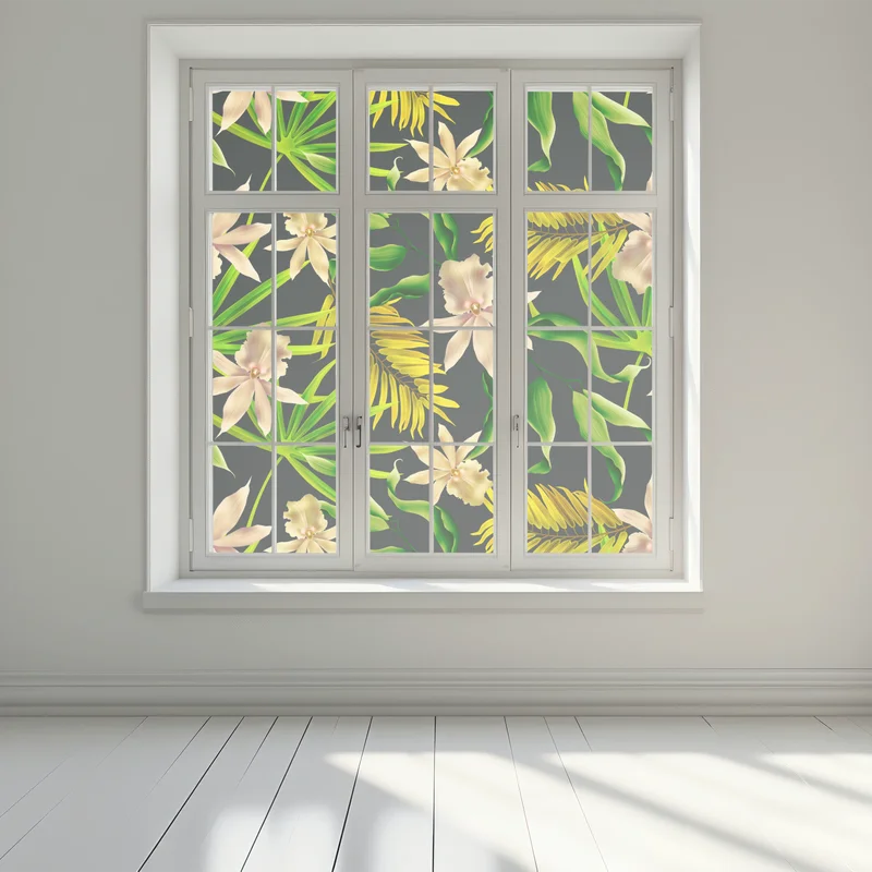Fensteraufkleber tropisches orchideenmuster auf dunklem hintergrund