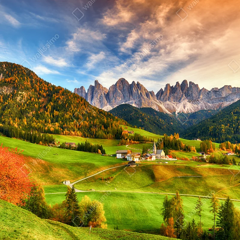 Fensteraufkleber herbstlicher sonnenuntergang über Santa Maddalena, Dolomiten Fensteraufkleber herbstlicher sonnenuntergang über Santa Maddalena, Dolomiten