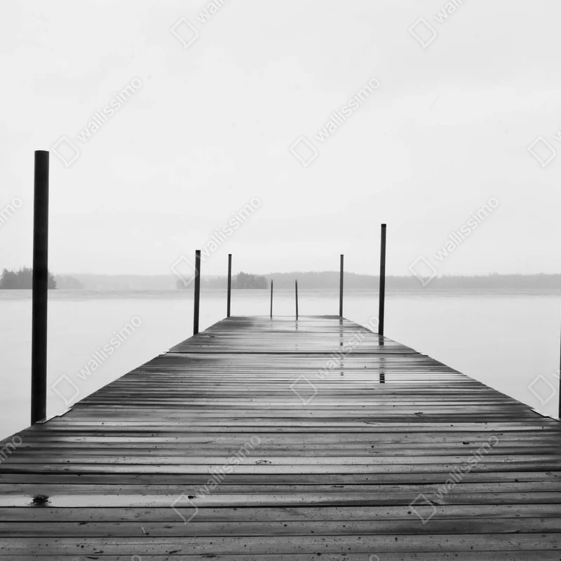 Repositionierbarer Aufkleber nebliger steg am see in monochrom Repositionierbarer Aufkleber nebliger steg am see in monochrom