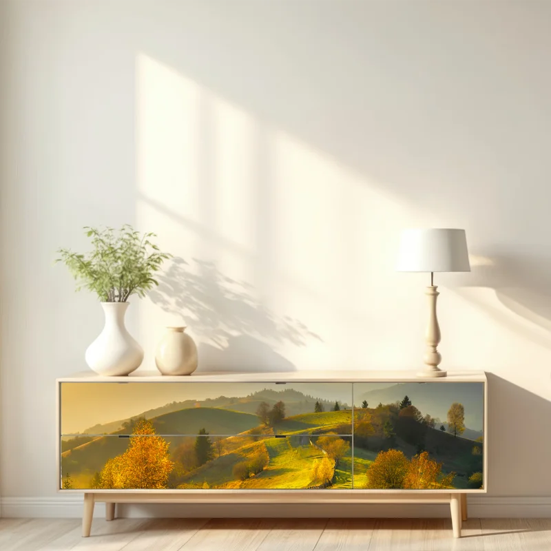 Repositionierbarer Aufkleber goldene herbsthügel bei sonnenuntergang Repositionierbarer Aufkleber goldene herbsthügel bei sonnenuntergang